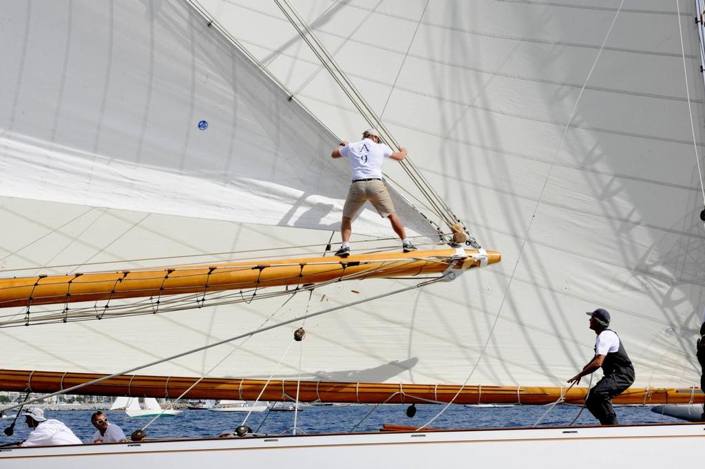 3 - Elena and Mariska incident at the race Committee boat end of the line at the start of the Classic Yachts Challenge, Regates Royales, on the Bay of Cannes September 22, 2015 - Photo by Linda Wright © SW